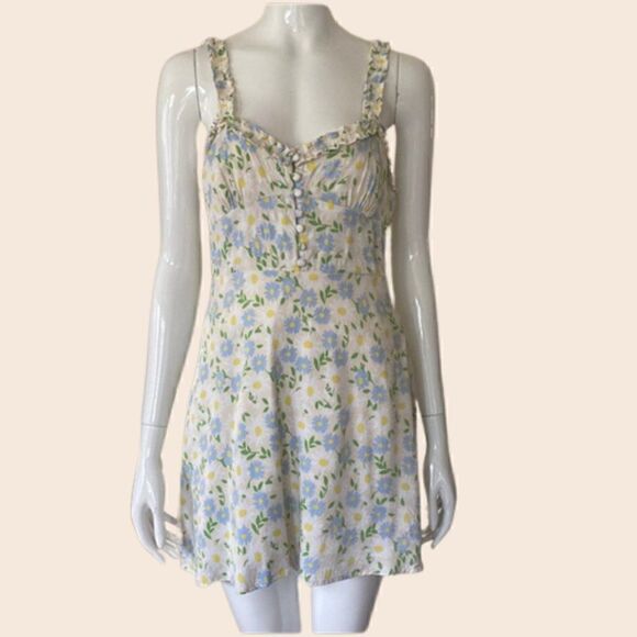 Zara Ivory Yellow Blue Floral Smocked Ruffle Printed Satin Mini Dress Size M - Picture 1 of 11